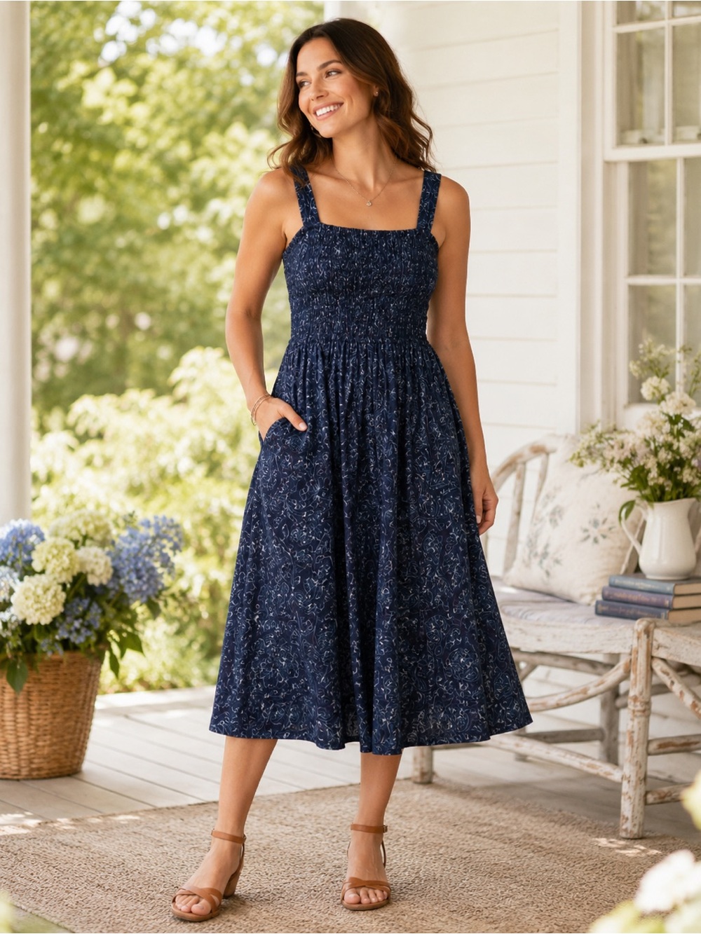 April Cornell Dress Blue Smocked Printed Tie Back Size XXS